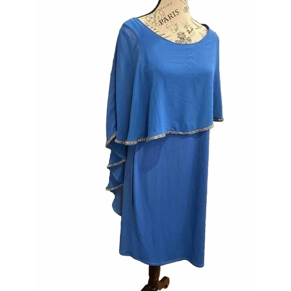 Glamour Nights Cocktail Dress Formal Blue Aqua Size 8 Rhinestones Cape Mom Bride - Picture 1 of 10